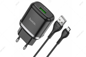 Сетевая зарядка USB Hoco N3, Special single, 18W, 3A, QC3.0, c кабелем Micro-USB, 1м, черный