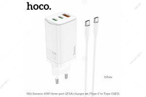 Сетевая зарядка Hoco N16 Scenery, два порта Type-C+USB-A, PD, QC3.0, 65W, белый